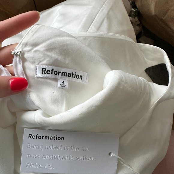 NWT Reformation Zenni Satin A-line Mini Dress Sz 4 Ivory Boat Neck V-back - Picture 4 of 11